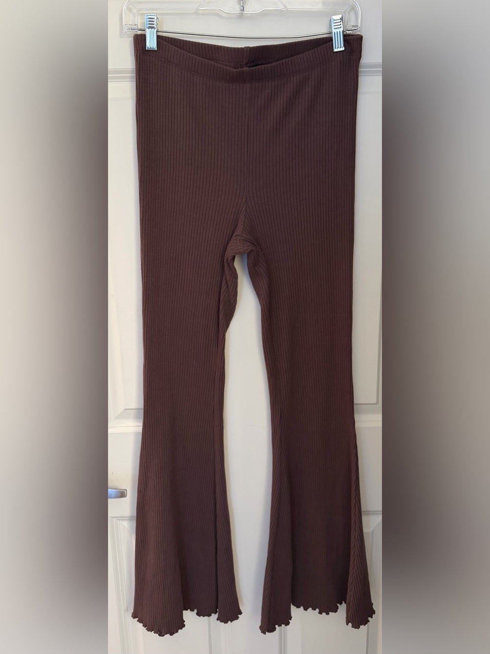 Aerie High Rise Ribbed Flare Leg Cotton Blend Pull On Pants, Brown, Medium
